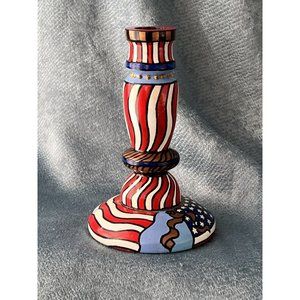 Americana Handmade Wooden Country Patriotic Candlestick Signed by Artist